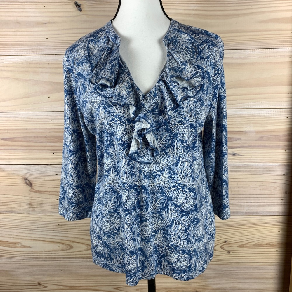 Chaps Denim Ruffle Paisley Top Womens L Blue White 3/4 Sleeve Cotton Blouse
